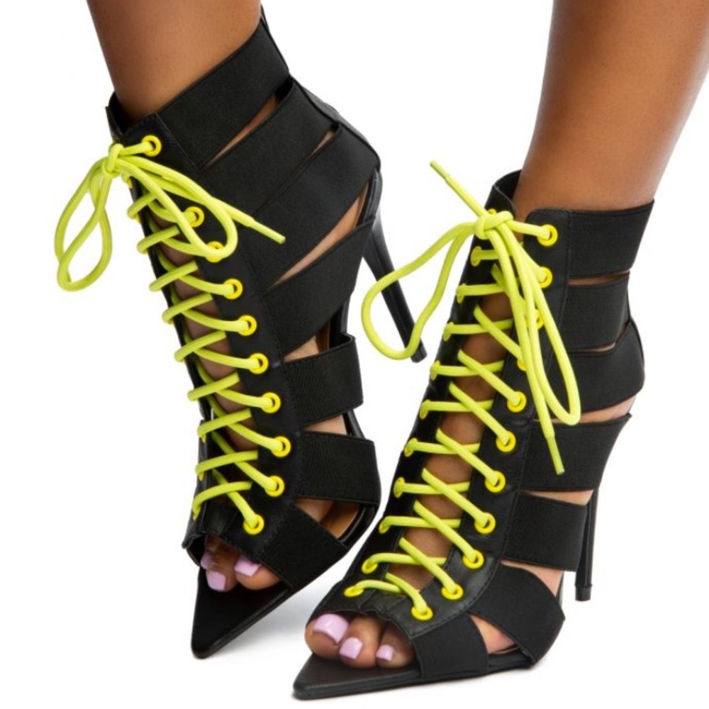 Black and Neón Open Toe Lace Up Booties